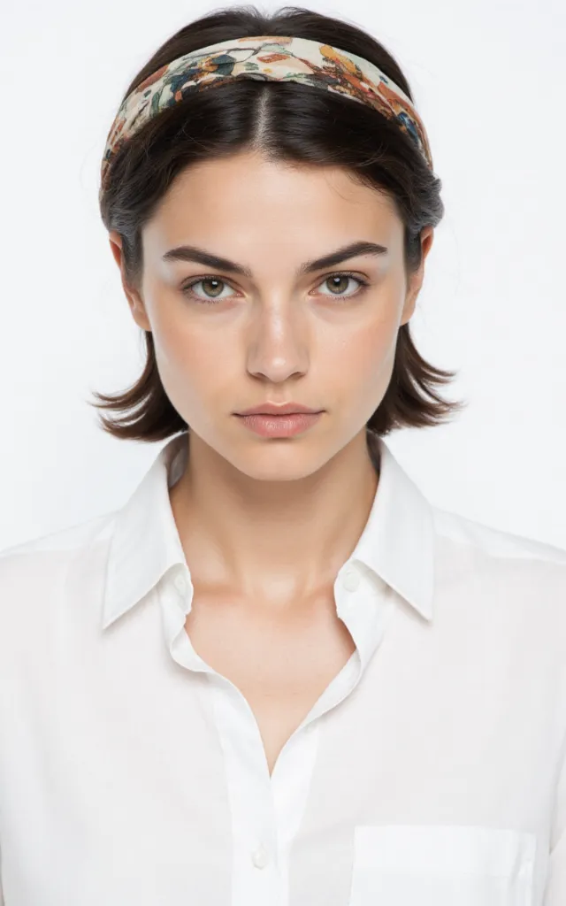 A French female model with Headband   styled hair, wearing a shirt, against a white background, in a front   facing bust portrait